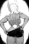  1girl absurdres animal_ears bare_back boku_no_hero_academia dark-skinned_female dark_skin greyscale highres long_hair masoq mirko monochrome muscular muscular_female rabbit_ears rabbit_girl rabbit_tail simple_background solo sweat tail white_hair 