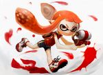  alternate_color bag bike_shorts commentary domino_mask eyebrows famicom flat_chest full_body game_console hiro1984 ink_tank_(splatoon) inkling long_hair looking_at_viewer mask orange_eyes orange_hair pointy_ears running shirt shoes short_hair_with_long_locks sidelocks sneakers solo splatoon_(series) splatoon_1 super_soaker t-shirt tentacle_hair 