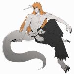  1boy abs alternate_form arm_on_knee asure_(asure_twi) barefoot black_hakama bleach broken_mask brown_eyes clawed_feet claws closed_mouth collarbone colored_skin full_body hair_between_eyes hakama highres horns japanese_clothes kurosaki_ichigo long_hair looking_to_the_side mask muscular muscular_male obi orange_hair sash single_horn sitting tail topless_male white_background white_skin 