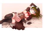  apron bad_id bad_pixiv_id black_hair black_legwear blush bow bowtie breastless_clothes breasts brown_eyes corset cuffs dress elbow_gloves frown gloves green_eyes green_hair hair_ornament hairclip hand_on_head highres large_breasts long_hair looking_at_viewer lying maid nipples on_side original puma_(hyuma1219) rotated solo thighhighs underbust wavy_mouth zettai_ryouiki 