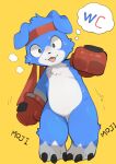 accessory anthro bandai_namco belly blue_body blue_fur bodily_fluids boxing_gloves clothing digimon digimon_(species) english_text fur gaomon handwear headband hi_res kemono male pee_desperation slightly_chubby solo sweat text tinntira