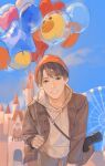  1boy absurdres amusement_park balloon beanie blue_sky brown_coat brown_eyes brown_hair brown_sleeves buttons camera castle cloud coat collared_coat cowboy_shot day ferris_wheel grey_pants grin hat heart_balloon highres holding holding_balloon hood hood_down hoodie leaning_forward long_sleeves looking_at_viewer male_focus mukai_kouji open_clothes open_coat orange_hat outdoors pants parted_bangs pocket qiji_lajiao real_life short_hair sky smile snow_man_(jpop) solo star_balloon white_hoodie 