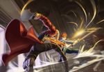  archer battle duel emiya_shirou fate/stay_night fate_(series) highres kanshou_&amp;_bakuya motion_blur multiple_boys orange_hair scrap_iron sword weapon white_hair 