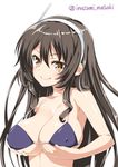  ashigara_(kantai_collection) bikini breast_hold breasts brown_eyes brown_hair cleavage covered_nipples fang hairband inuzumi_masaki kantai_collection large_breasts long_hair looking_at_viewer micro_bikini smile solo swimsuit twitter_username upper_body white_background 