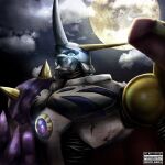  armor asymmetrical_arms battle_damage blue_eyes digimon digimon_(creature) full_moon highres horns looking_at_viewer moon night omegamon onikuyasan1224 robot shield shoulder_armor solo spikes twitter_username upper_body watermark 