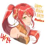  1girl bare_shoulders character_name circlet dated diadem earrings forehead_protector green_eyes happy_birthday heart jewelry long_hair ponytail pyrrha_nikos red_hair rwby simple_background smile solo sora_(efr) white_background 