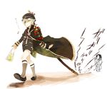  armor bag cape dragging full_body green_eyes hair_flaps hat hotarumaru iriya_(lonesome) japanese_armor looking_at_viewer male_focus military military_uniform multiple_boys ootachi open_mouth sheath shorts shoulder_armor silver_hair sock_garters socks sode sword tarou_tachi touken_ranbu translated uniform weapon 