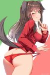  1girl absurdres animal_ears ass blush breasts brown_hair butt_crack dog_ears dog_tail federica_n._doglio finger_to_mouth green_eyes highres hiroshi_(hunter-of-kct) large_breasts long_hair looking_at_viewer looking_back one_eye_closed panties red_panties red_shirt shirt smile solo strike_witches tail underwear world_witches_series 