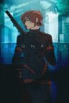  1girl armor black_gloves brown_hair copyright_name double-barreled_rifle gloves highres legend_knit lilith_itou_(signalis) low_ponytail short_hair signalis solo war 
