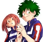  1girl :o blush_stickers boku_no_hero_academia esuo_(sokamen) freckles green_eyes green_hair lowres midoriya_izuku open_mouth short_hair simple_background upper_body uraraka_ochako wavy_mouth white_background 