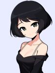  1girl black_hair black_shirt bob_cut closed_mouth girls_und_panzer green_eyes head_tilt highres hikari_(hikaring3120) off-shoulder_shirt off_shoulder shirt smile utsugi_yuuki 