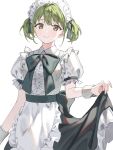  1girl alternate_costume apron blush center_frills enmaided frills green_hair highres idolmaster idolmaster_shiny_colors looking_at_viewer maid maid_headdress nanakusa_nichika puffy_short_sleeves puffy_sleeves short_sleeves short_twintails simple_background skirt_hold smile solo twintails waist_apron white_apron white_background wrist_cuffs yumeme_818 