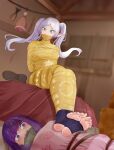  2girls absurdres arms_behind_back bdsm blurry blurry_background bondage boned_meat bound breasts commentary_request fern_(sousou_no_frieren) food frieren gagged green_eyes highres indoors long_hair looking_at_viewer meat multiple_girls mummification_(bound) no_shoes pointy_ears purple_eyes purple_hair sausage small_breasts sousou_no_frieren twintails very_long_hair white_hair yuehei_dao 