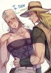  blonde_hair blue_eyes blush cowboy_hat grey_hair hat hol_horse jean_pierre_polnareff jojo_no_kimyou_na_bouken manle multiple_boys stardust_crusaders sweat 