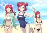  3girls absurdres beach bikini black_bikini blue_one-piece_swimsuit blue_sky breasts cleavage cloud day green_jacket highres hood hooded_jacket horizon jacket kibou_no_chikara_~otona_precure_&#039;23~ large_breasts long_hair medium_breasts multiple_girls multiple_persona name_tag ocean old_school_swimsuit one-piece_swimsuit one_side_up outdoors precure purple_eyes red_hair school_swimsuit short_hair side-tie_bikini_bottom sky sozan swimsuit white_bikini yes!_precure_5 yumehara_nozomi 