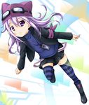  1girl armband black_boots black_skirt blue_shirt boots digimon digimon_story:_cyber_sleuth digimon_story:_sunburst_and_moonlight digivice flat_chest goggles goggles_on_hat goggles_on_head hair_between_eyes hat jacket long_hair long_sleeves miniskirt purple_eyes purple_hair purple_hat sayo_(digimon) shirt skirt striped striped_legwear suspender_skirt suspenders thighhighs yoroiusagi zettai_ryouiki 