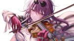  1girl black_jacket breasts eyewear_on_head gloves hair_between_eyes holding holding_instrument holding_violin honkai:_star_rail honkai_(series) instrument jacket kafka_(honkai:_star_rail) large_breasts light_blush long_hair looking_at_viewer music parted_lips playing_instrument portrait purple_eyes purple_gloves purple_hair rairaisuruyo round_eyewear shirt sidelocks simple_background solo sunglasses violin white_background white_shirt 