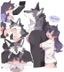  1boy 1girl animal_ears animal_feet biting_arm black_shirt body_fur claws closed_mouth cropped_legs dog_tags english_text fangs furry furry_male furry_with_non-furry green_eyes grey_eyes grey_fur grey_panties hand_on_another&#039;s_head hand_up hands_up hetero heterochromia highres hug hug_from_behind interspecies kissing_foot long_hair long_sleeves looking_at_another looking_at_viewer looking_back open_mouth original own_hands_clasped own_hands_together panties phone purple_hair rata_(norahasu) shirt short_sleeves simple_background underwear upper_body white_background white_fur white_shirt wolf_boy wolf_ears 