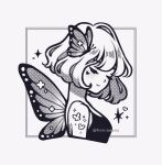  1girl black_border black_shirt border bug butterfly butterfly_on_head butterfly_tattoo butterfly_wings closed_eyes closed_mouth emily_kim greyscale halftone highres insect_wings monochrome original shirt shoulder_tattoo sparkle tank_top tattoo white_background white_hair wings 