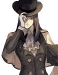  1other androgynous ascot asymmetrical_sleeves bare_shoulders black_hair fingerless_gloves gloves guilty_gear guilty_gear_strive hat highres hiyon99x long_hair looking_at_viewer other_focus red_eyes solo testament_(guilty_gear) top_hat white_ascot 