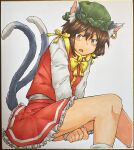  1girl animal_ear_fluff animal_ear_piercing animal_ears between_legs bow bowtie breasts brown_eyes brown_hair cat_ears cat_tail chagamaka chen d: double-parted_bangs earrings fang feet_out_of_frame frills gold_trim hair_between_eyes hand_between_legs hat highres jewelry knees_together_feet_apart leaning_forward looking_at_viewer mob_cap multiple_tails nekomata open_mouth petticoat red_skirt red_vest short_hair simple_background single_earring sitting skirt skirt_set sleeves_past_wrists small_breasts solo tail tail_raised touhou traditional_media two_tails vest white_background yellow_bow yellow_bowtie 