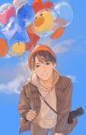  1boy absurdres balloon beanie blue_sky brown_coat brown_eyes brown_hair brown_sleeves buttons camera cloud coat collared_coat cowboy_shot day grey_pants grin hat heart_balloon highres holding holding_balloon hood hood_down hoodie leaning_forward long_sleeves looking_at_viewer male_focus mukai_kouji open_clothes open_coat orange_hat outdoors pants parted_bangs pocket qiji_lajiao real_life short_hair sky smile snow_man_(jpop) solo star_balloon white_hoodie 