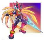  1boy abs adapted_costume armor blonde_hair blue_eyes boots chest_jewel energy_sword forehead_jewel full_body glint glowing glowing_eyes gradient_background highres holding holding_sword holding_weapon long_hair mega_man_(series) mega_man_zero_(series) oomasa_teikoku outstretched_arm red_armor red_footwear red_helmet solo star_(sky) sword weapon z_saber zero(z)_(mega_man) zero_(mega_man) 