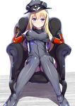  armchair bismarck_(kantai_collection) blonde_hair blue_eyes blush breasts chair hat henet_hene kantai_collection long_hair looking_at_viewer medium_breasts peaked_cap sitting solo thighhighs 