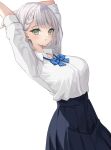 1girl arms_up black_skirt blue_bow blush bow braid breasts collared_shirt dress_shirt dutch_angle green_eyes grey_hair highres hololive large_breasts long_skirt long_sleeves oniku_(o29sukizero) parted_lips pleated_skirt school_uniform shirogane_noel shirt short_hair simple_background skirt solo stretching virtual_youtuber white_background white_shirt 