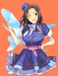  1girl aircraft airplane belt black_hair blue_bow blue_bowtie blue_dress blue_sky blush bow bowtie breasts cropped_legs dot_nose dress green_eyes hand_on_own_hip hand_up hat highres hiziki723 idolmaster idolmaster_cinderella_girls idolmaster_cinderella_girls_starlight_stage long_hair looking_at_viewer medium_breasts mini_hat one_eye_closed open_mouth orange_background pink_belt short_sleeves sky smile solo soma_natsumi 