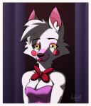 2024 anthro artist_name black_eyebrows border bow_tie breasts canid canine cheek_markings cheek_tuft cleavage closed_smile clothed clothing colored crop_top curtains digital_drawing_(artwork) digital_media_(artwork) dudles eyebrows eyelashes facial_markings facial_tuft female five_nights_at_freddy&#039;s five_nights_at_freddy&#039;s_2 fox fur hair head_markings hi_res inner_ear_fluff inside lips mammal mangle_(fnaf) markings mouth_closed multicolored_body multicolored_fur pink_body pink_clothing pink_crop_top pink_fur pink_inner_ear pink_shirt pink_topwear purple_curtains red_bow_tie red_lips scottgames shaded shirt short_hair simple_shading smile solo standing topwear tuft white_body white_border white_fur white_hair white_inner_ear_fluff yellow_eyes
