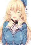  2015 :d ^_^ ascot atago_(kantai_collection) beret blonde_hair blush breasts closed_eyes dated facing_viewer frilled_sleeves frills happy hat kantai_collection large_breasts long_hair military military_uniform open_mouth simple_background smile solo tomozo_kaoru twitter_username uniform upper_body white_background 