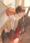  2boys black_hair black_jacket cardigan chungi.e closed_mouth collared_shirt feet_out_of_frame given guitar highres holding holding_instrument indoors instrument interior jacket light light_smile looking_at_another male_focus multiple_boys open_clothes open_jacket open_mouth orange_eyes orange_hair satou_mafuyu shirt short_hair sitting talking teeth uenoyama_ritsuka white_shirt window_shadow yellow_cardigan 