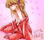  2015 alternate_costume amelie aqua_eyes bare_shoulders blonde_hair breasts cherry_blossoms cleavage dated hair_ribbon japanese_clothes kimono light_brown_hair long_hair long_sleeves looking_at_viewer medium_breasts neon_genesis_evangelion no_bra off_shoulder open_clothes open_kimono petals ribbon robe signature sitting solo souryuu_asuka_langley two_side_up 