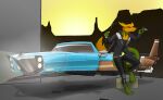 anthro car fur futuristic gemini_the_sergal hi_res holding_object holding_weapon leaning_on_object looking_at_viewer male multi_arm multi_limb multicolored_body multicolored_fur solo topazknight vehicle weapon