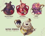  :d absurdres black_frost candy character_name cup drink duckpasta flower food glint highres king_frost lock mug no_humans shin_megami_tensei simple_background smile spoon teacup wrapped_candy 