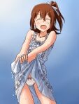  1girl :d blue_background blue_dress blue_ribbon bow bow_panties brown_hair closed_eyes clothes_lift commentary cowboy_shot crotch_seam dress dress_lift facing_viewer hair_ribbon highres idolmaster idolmaster_million_live! jewelry kasuga_mirai lielos lifted_by_self medium_hair necklace one_side_up open_mouth panties ribbon see-through short_dress smile solo standing underwear wet wet_clothes wet_dress white_panties wringing_clothes 
