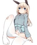  animal_ears bad_id bad_pixiv_id blonde_hair blue_eyes blush crotch_seam eila_ilmatar_juutilainen kinakomoti long_hair looking_at_viewer military military_uniform no_panties pantyhose pantyhose_pull simple_background solo strike_witches uniform white_background white_legwear world_witches_series 
