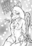  2024 anthro artist_name black_and_white clothing dinosaur dress_shirt english_text fang_(gvh) feathered_wings feathers female goodbye_volcano_high hair hi_res long_hair looking_at_viewer monochrome pterodactylus pterosaur reptile scalie shirt signature sitting sketch smile snout solo text topwear whit3pinkmann wings 
