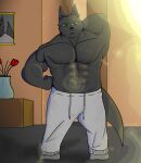 abs absurd_res anthro big_breasts breasts canid canine canis clenched_hands ears_up eyebrows fangs fluffy fluffy_tail fur green_eyes grey_body grey_fur hand_on_hip hi_res home kuro_(soapy07) larger_male leaning light lighting looking_at_viewer male male/male mammal muscular muscular_arms muscular_male neck_grab raised_eyebrow shirtless size_difference soapy07 solo stare stretching sweatpants tail teeth tired tired_eyes woken_up wolf