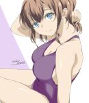  1girl alternate_costume artist_logo blue_eyes breasts brown_hair casual_one-piece_swimsuit covered_navel cowboy_shot dated gakky highres intrepid_(kancolle) kantai_collection large_breasts one-hour_drawing_challenge one-piece_swimsuit purple_one-piece_swimsuit short_hair solo swimsuit 