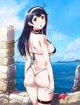  1girl ahoge ass bikini black_hair blue_bikini blue_sky breasts brown_eyes choker cloud day from_behind kantai_collection large_breasts long_hair looking_at_viewer looking_back outdoors red_choker rock sameha_ikuya sky solo starfish swimsuit thong_bikini ushio_(kancolle) ushio_kai_ni_(kancolle) white_hair 