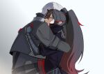  1boy 1girl black_bodysuit black_hair black_jacket bodysuit character_request check_character commandant_(punishing:_gray_raven) crying gradient_hair grey_hair hair_between_eyes highres hug jacket long_hair lucia:_plume_(punishing:_gray_raven) lucia_(punishing:_gray_raven) mafrn3_(g03s) mechanical_arms multicolored_hair punishing:_gray_raven red_hair short_hair sidelocks small_horns streaked_hair tears twintails very_long_hair 