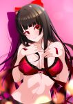  1girl absurdres azur_lane bare_shoulders black_hair blush bow bra breasts closed_mouth hair_bow hands_up highres lace-trimmed_bra lace_trim lingerie long_hair looking_at_viewer medium_breasts navel origami_aya red_bow red_bra red_eyes sakawa_(azur_lane) smile solo stomach underwear undone_bra 