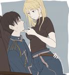  1girl amestris_military_uniform black_hair blonde_hair brown_eyes fullmetal_alchemist hetero jaga_rico long_hair military military_uniform riza_hawkeye roy_mustang short_hair uniform 