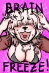 bodily_fluids body_hair bra breasts canid canine chest_hair clothing covered_eyes dovesyin drooling fangs fur gynomorph hair heart_symbol hi_res intersex mammal messy_hair saliva sleeves sweat teeth underwear