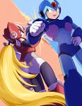  2boys arm_cannon armor artist_logo artist_name blonde_hair blue_armor blue_background blue_eyes blue_helmet chest_jewel dwn0001130 forehead_jewel green_eyes helmet highres long_hair mega_man_(series) mega_man_x_(series) multiple_boys red_armor red_background red_helmet shoulder_armor smile very_long_hair weapon x_(mega_man) z_saber zero_(mega_man) zero_buster 