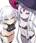  2girls abigail_williams_(fate) abigail_williams_(swimsuit_foreigner)_(fate) abigail_williams_(swimsuit_foreigner)_(first_ascension)_(fate) arms_behind_back bare_shoulders bikini black_bikini black_bow black_panties blush bow breasts colored_skin crop_top double_bun fate/apocrypha fate/grand_order fate_(series) forehead green_eyes hair_bow hair_bun highres jack_the_ripper_(fate/apocrypha) keyhole long_hair looking_at_viewer lowleg lowleg_panties multiple_girls navel orange_bow panties parted_bangs red_eyes scar scar_across_eye scar_on_cheek scar_on_face shimejinameko short_hair sidelocks simple_background small_breasts swimsuit thighhighs thighs third_eye twintails underwear very_long_hair white_background white_hair white_skin 