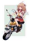  1girl blonde_hair flandre_scarlet highres logo motor_vehicle motorcycle neckerchief rainbow_wings red_skirt school_uniform sharp_teeth shirt skirt smile solo suzuki_(company) suzuki_evo teeth touhou touya_(konpekitou) white_shirt yellow_neckerchief 