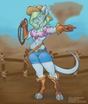  blizzard_entertainment boots clothing cowboy_boots cowboy_hat cowboy_outfit draenei female footwear green_hair hair hat headgear headwear hi_res horn reaper3d smile solo standing warcraft 